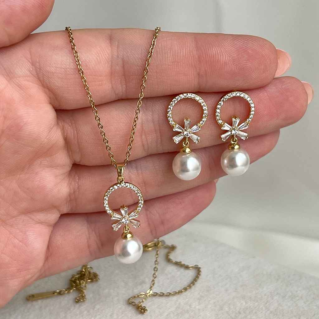 نیم ست مروارید آبکاری 14K